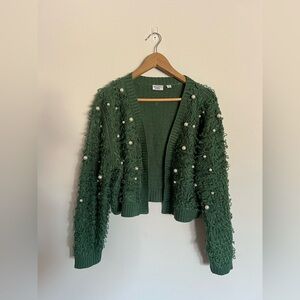 Mighty Fine women's XL Green Pearl-Embellished Cardigan Vintage inspired